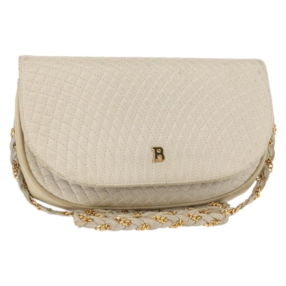 Authentic BALLY Chain Shoulder Bag Leather White Gold